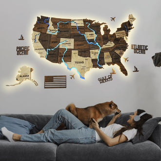 Wooden USA Map With LED – Illuminated Wall Map With Rivers, 3D Wood USA Decor For Living Room Or Office, Rustic Gift For Men