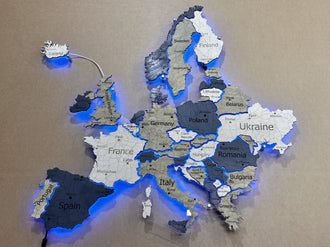 Europe LED RGB map on acrylic glass with backlighting between countries color Deep