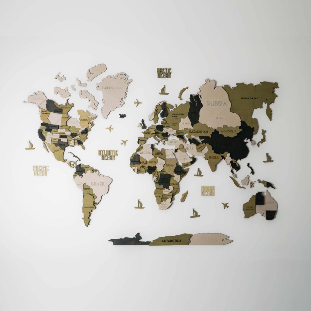 3D Wooden Multilayer world map color Verde