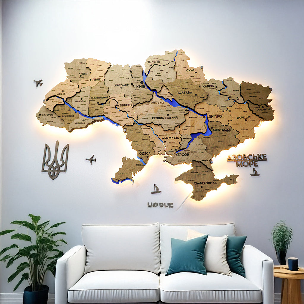 Detailed multilayer Ukraine LED map with backlighting of rivers color Light Tree