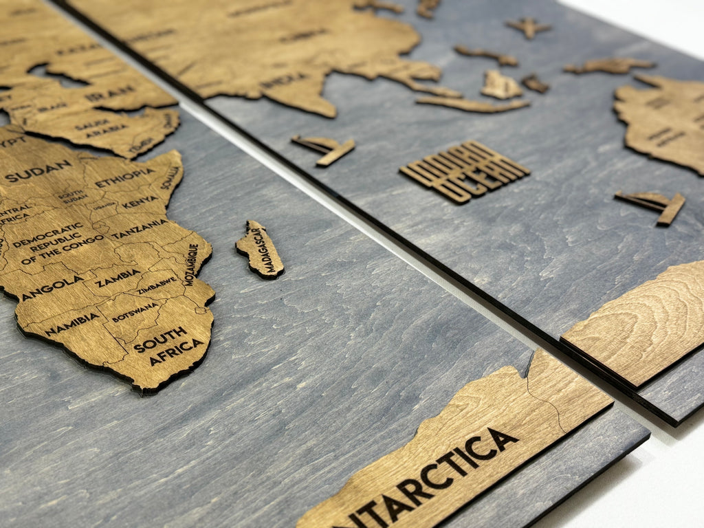 Wooden World Map Panel 2 for Wall with LED Lighting