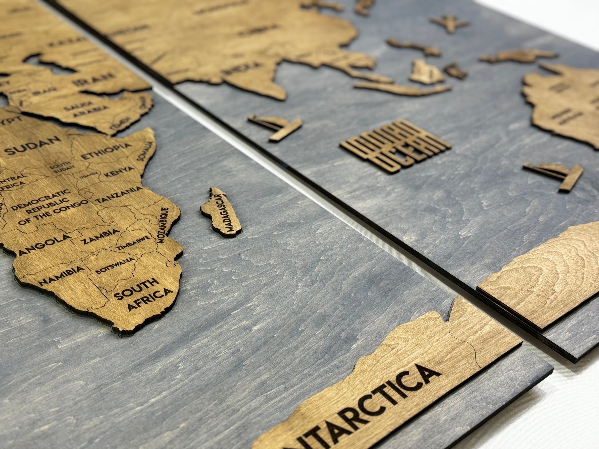Wooden World Map Panel 2 for Wall with LED Lighting