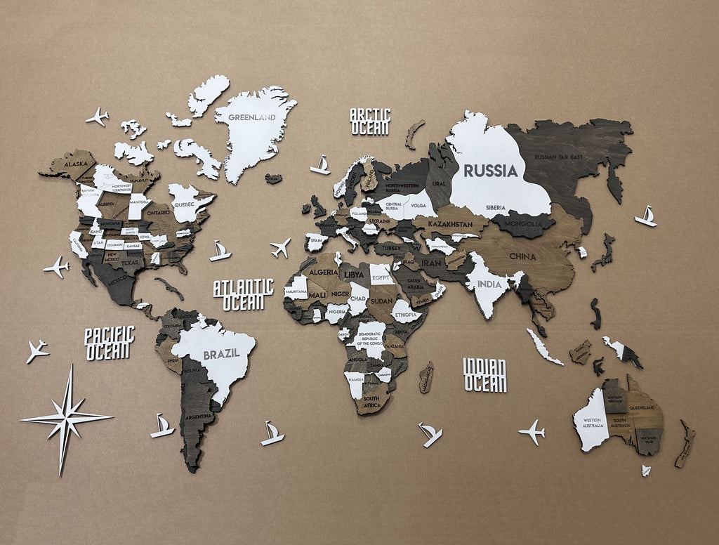3D Wooden Multilayer world map color Grunge