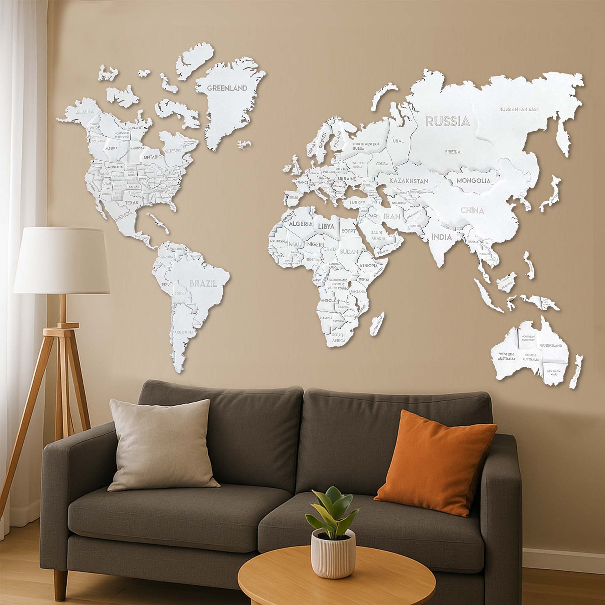 3D Wooden Multilayer world map color White