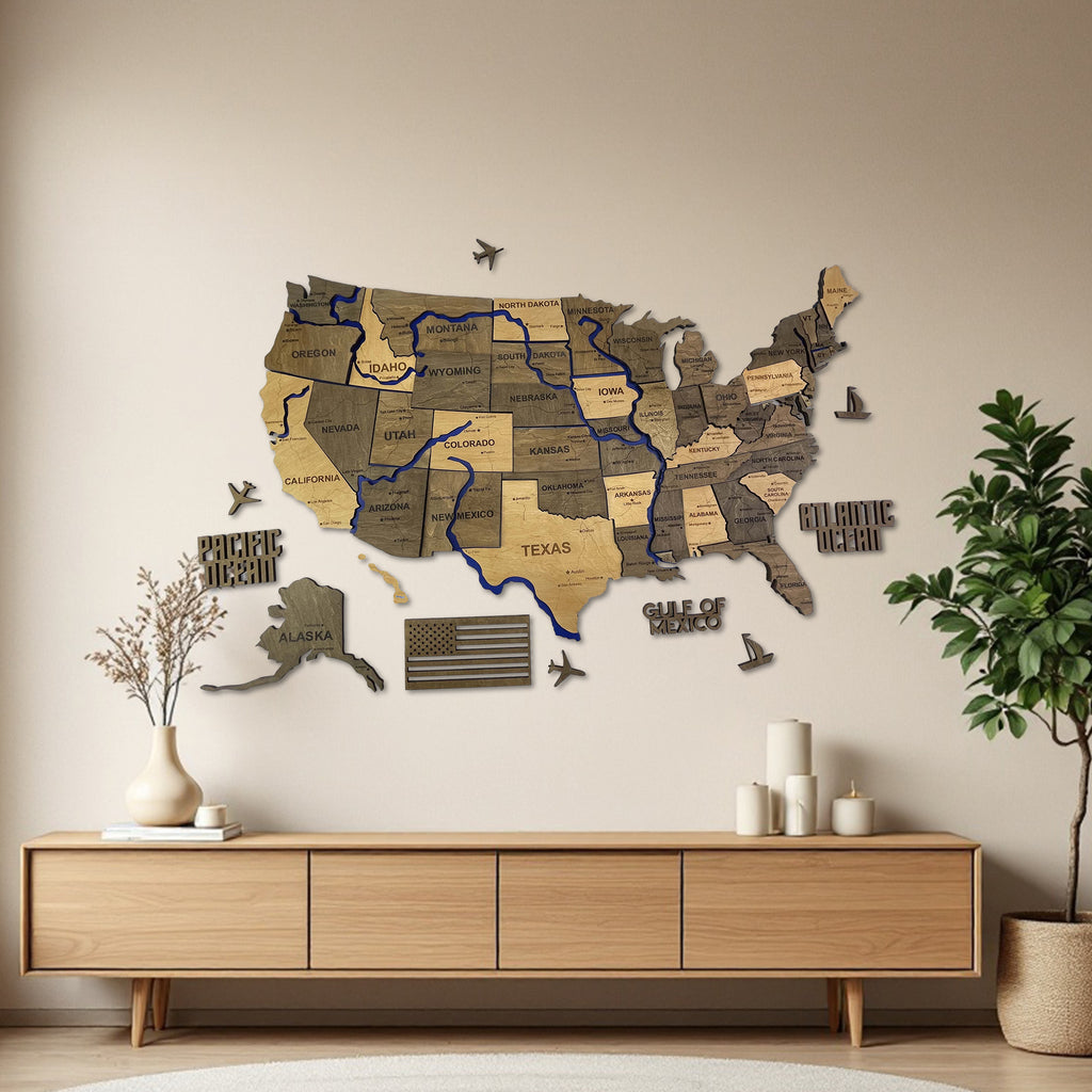 Wooden USA Map  – With Rivers, color Elis