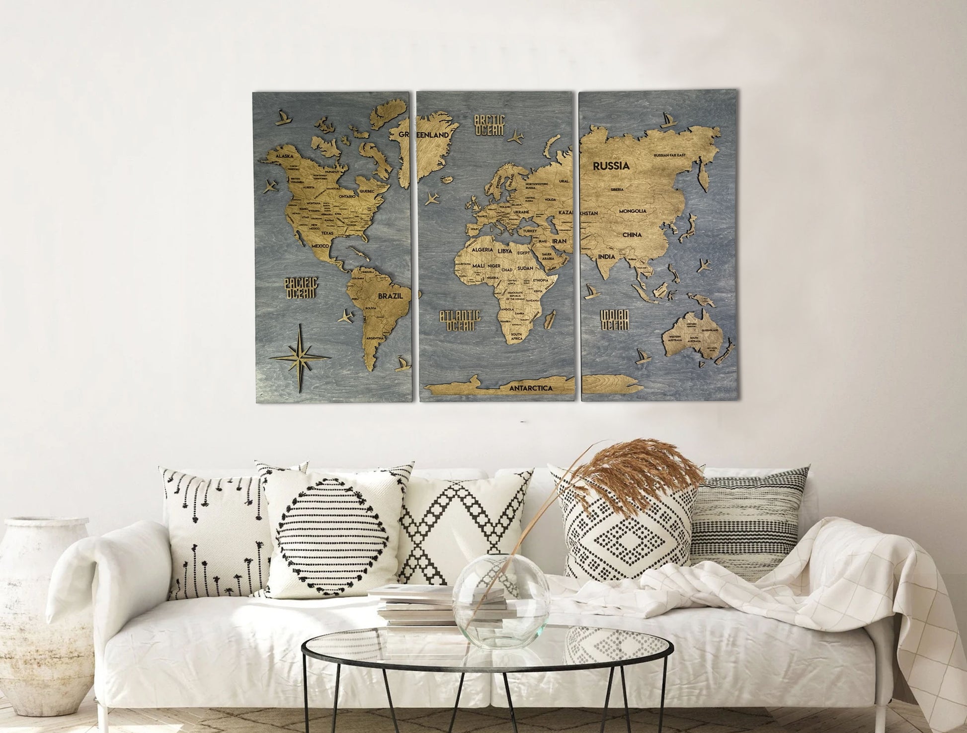 Wooden World Map Panel 2 for Wall with LED Lighting