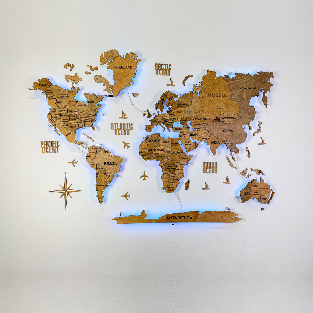 LED 3D Wooden Multilayer world map color Brown