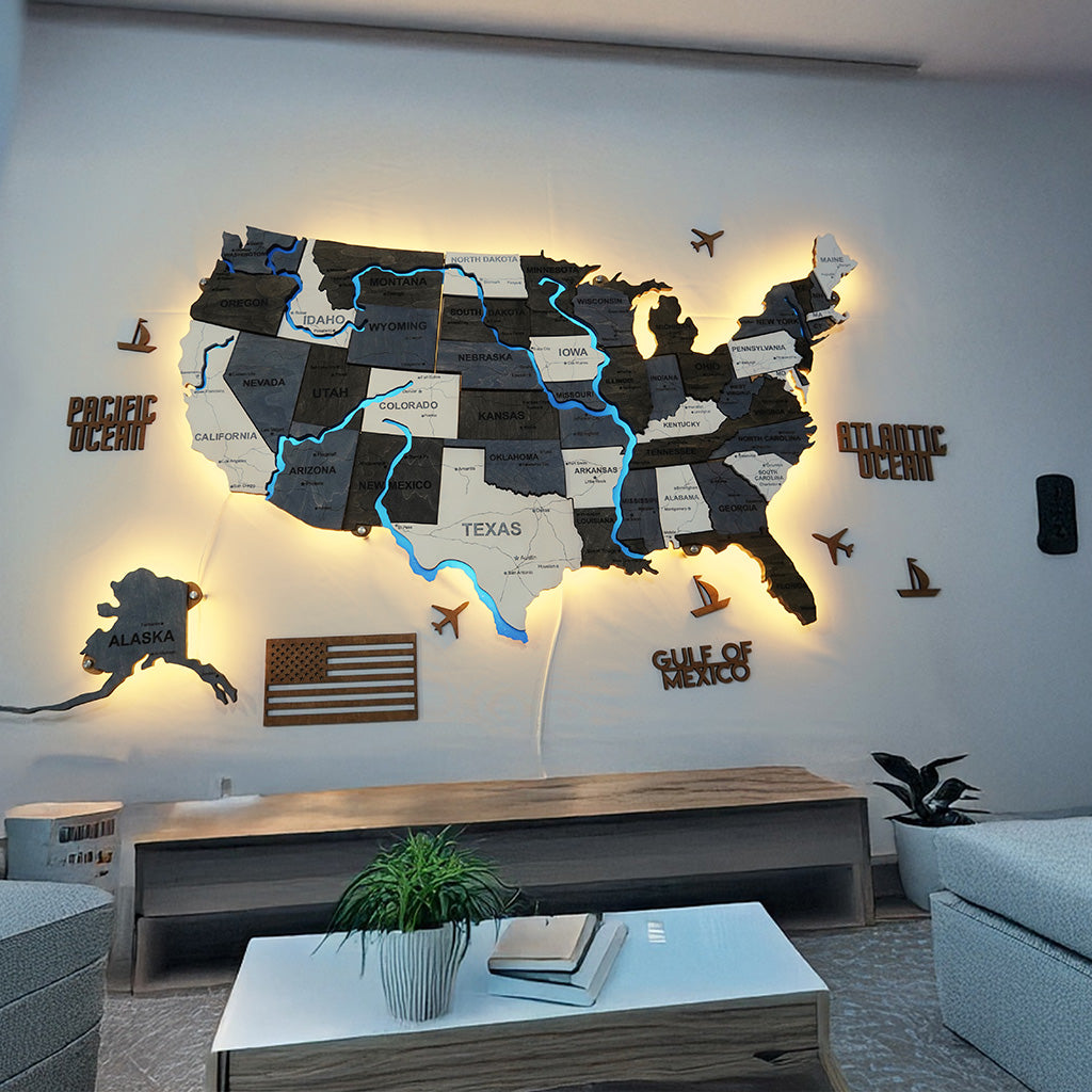 Wooden USA Map With LED – With Rivers, color Loft