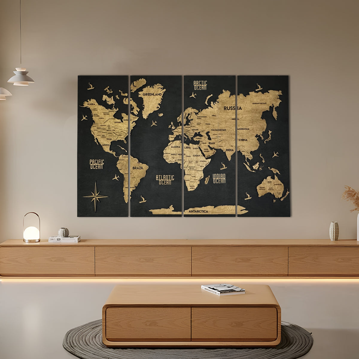 Large Panel Maps Wooden World Map Panel 6 for Wall with LED Lighting – Factura