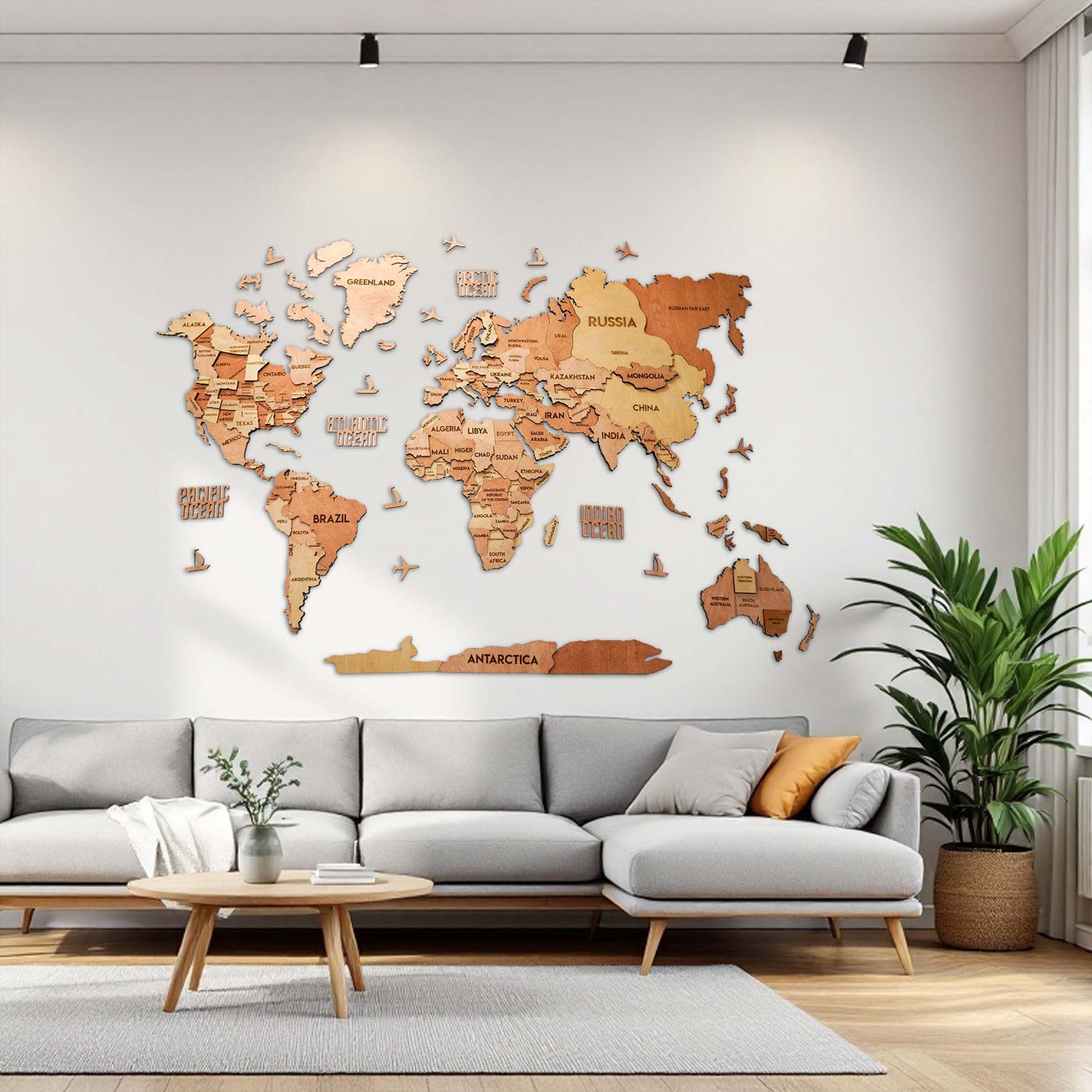 3D Wooden Multilayer world map color Sunrise
