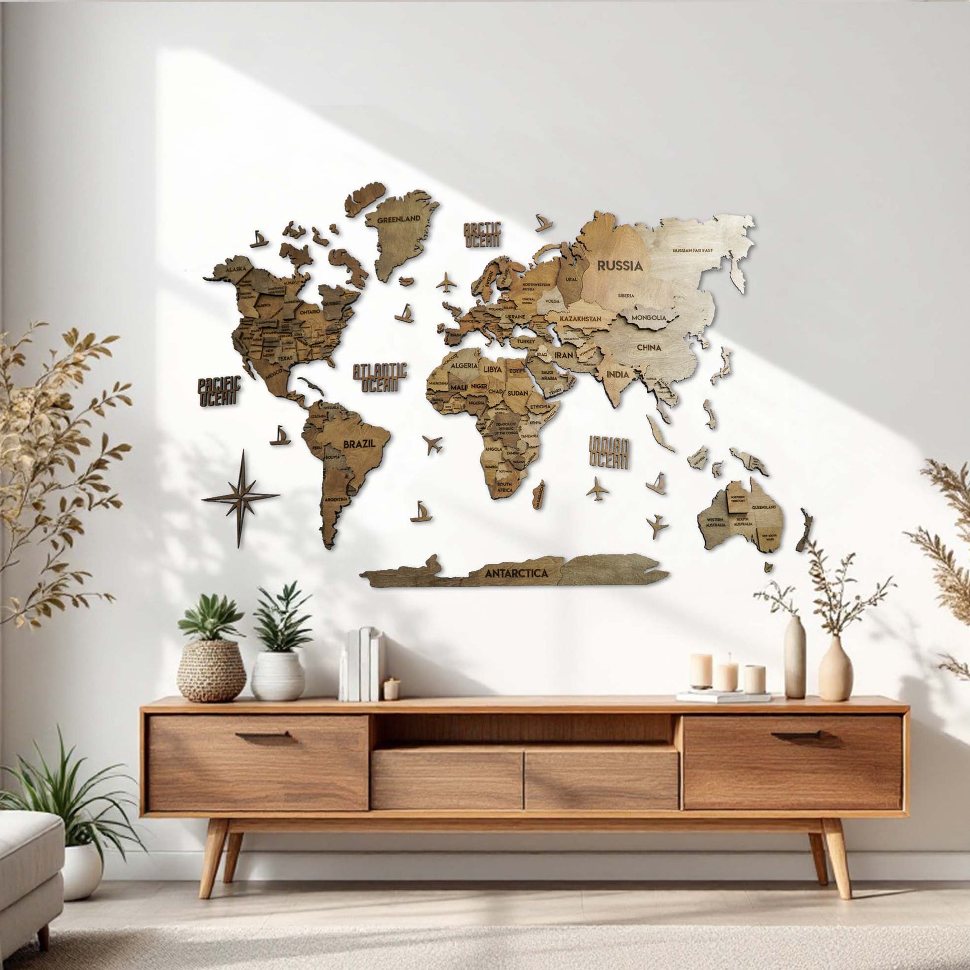 3D Wooden Multilayer world map color Brown