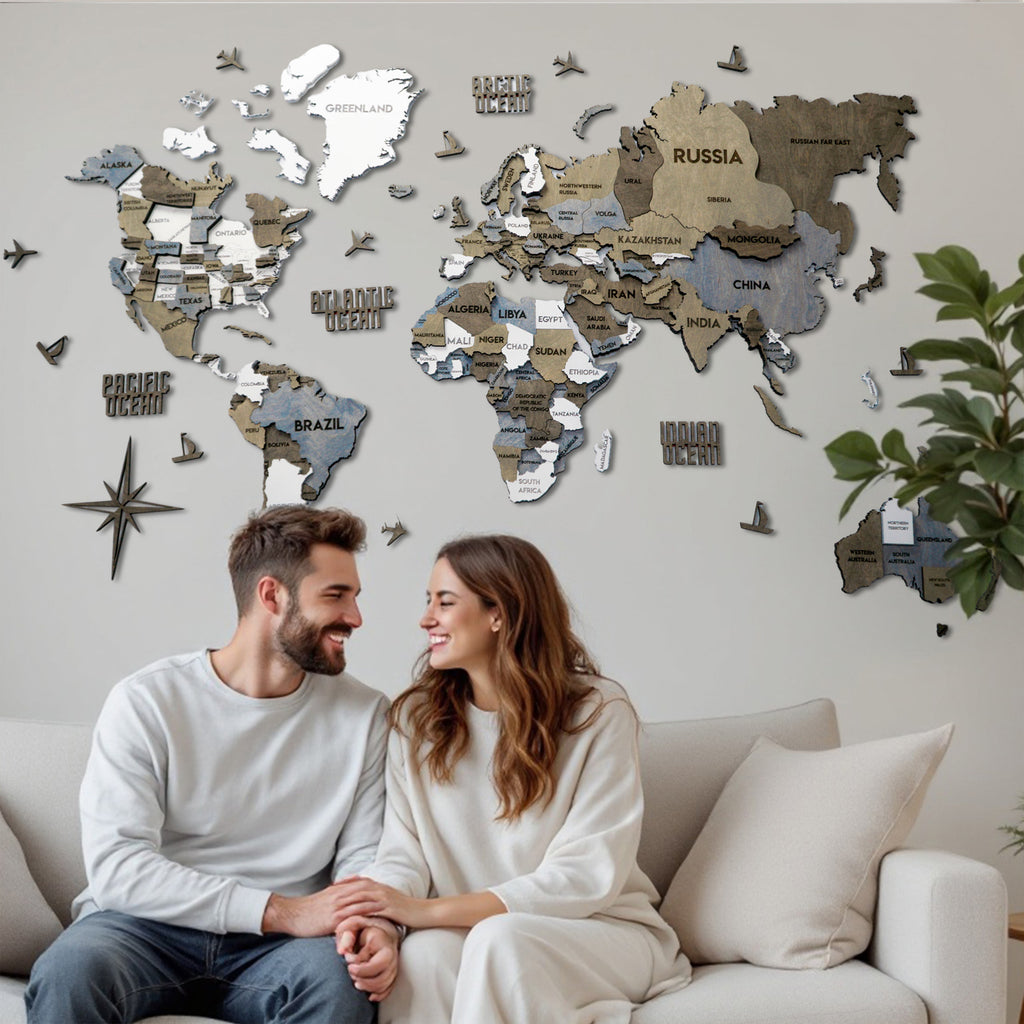 3D Wooden Multilayer world map color Loft