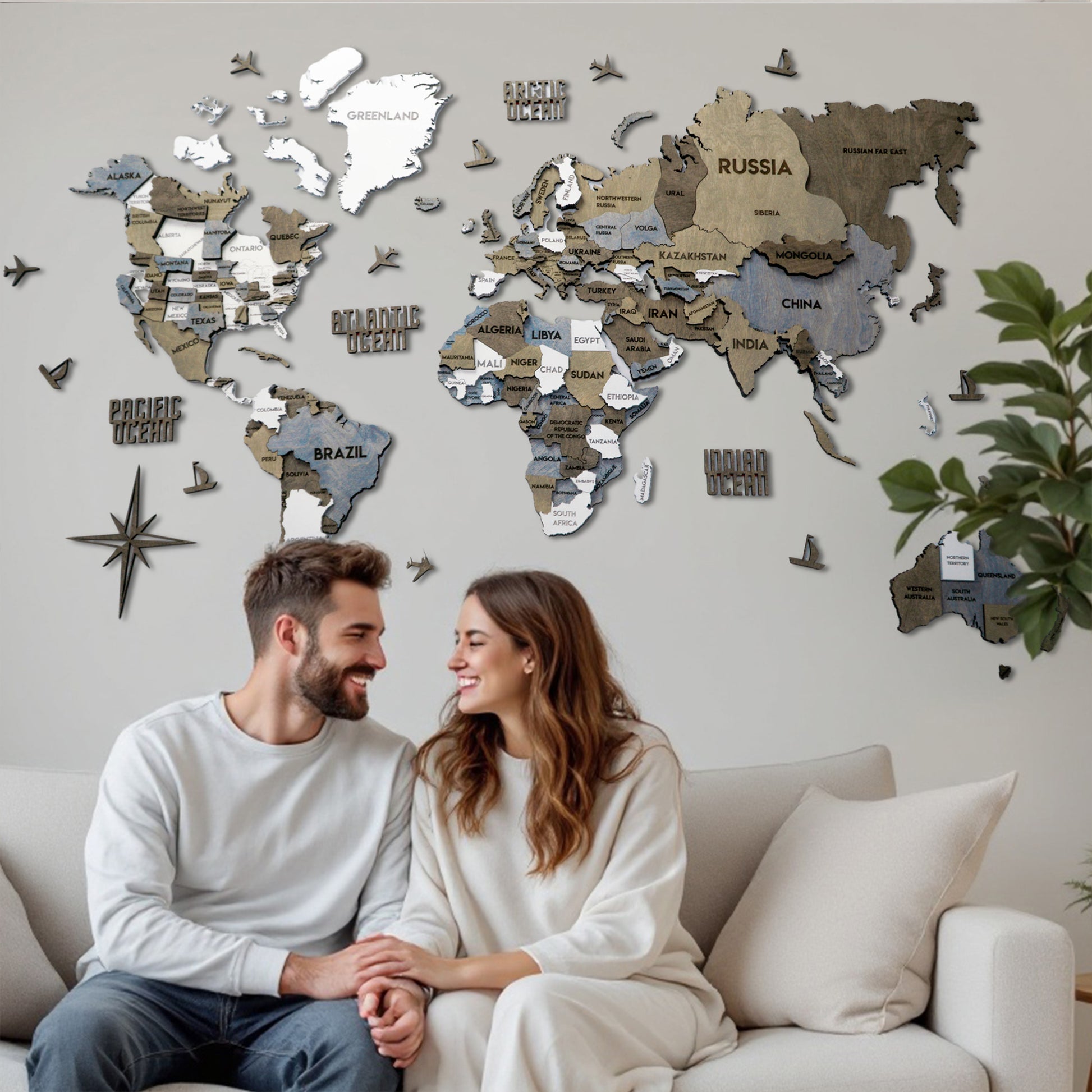 3D Wooden Multilayer world map color Loft