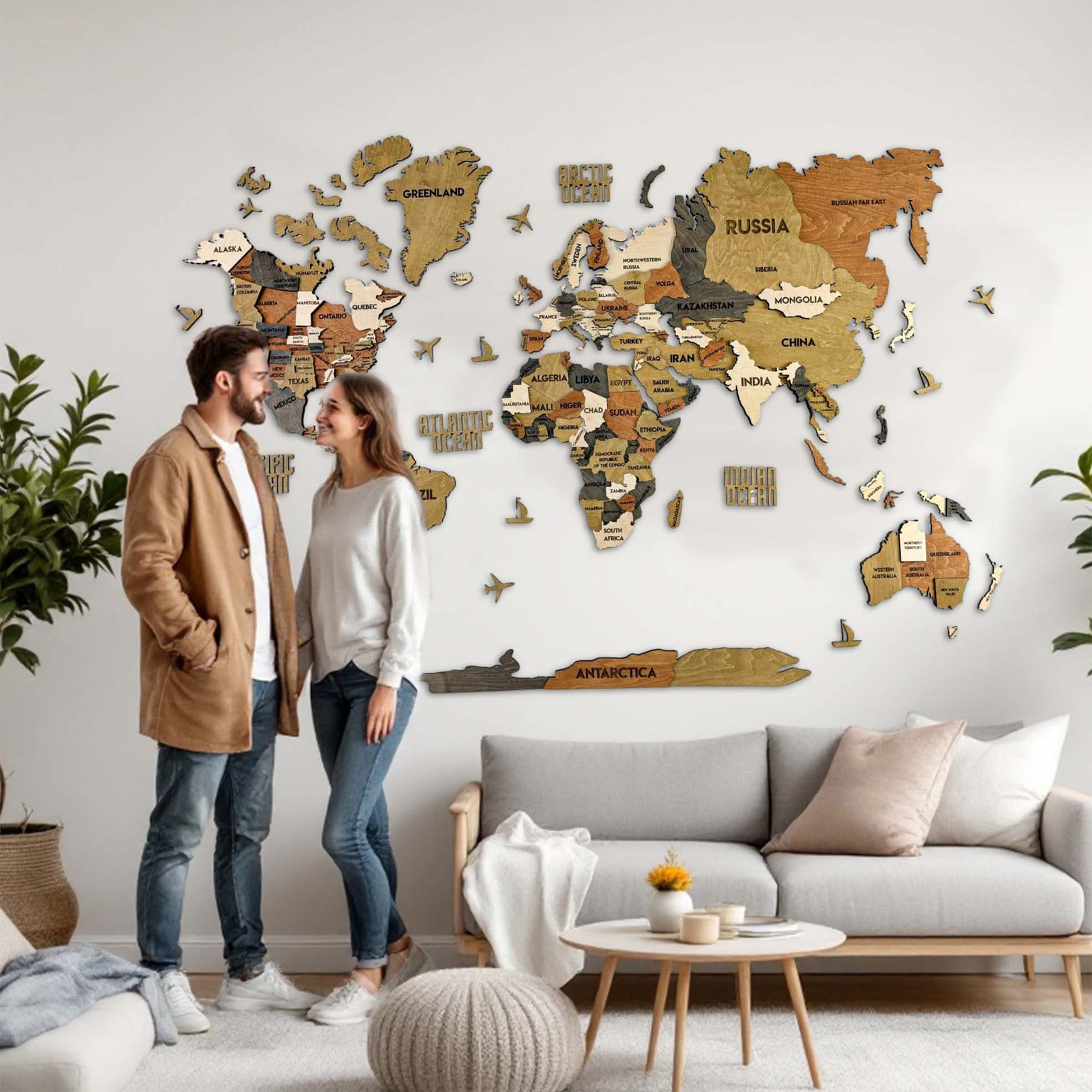 3D Wooden Multilayer world map color Classic