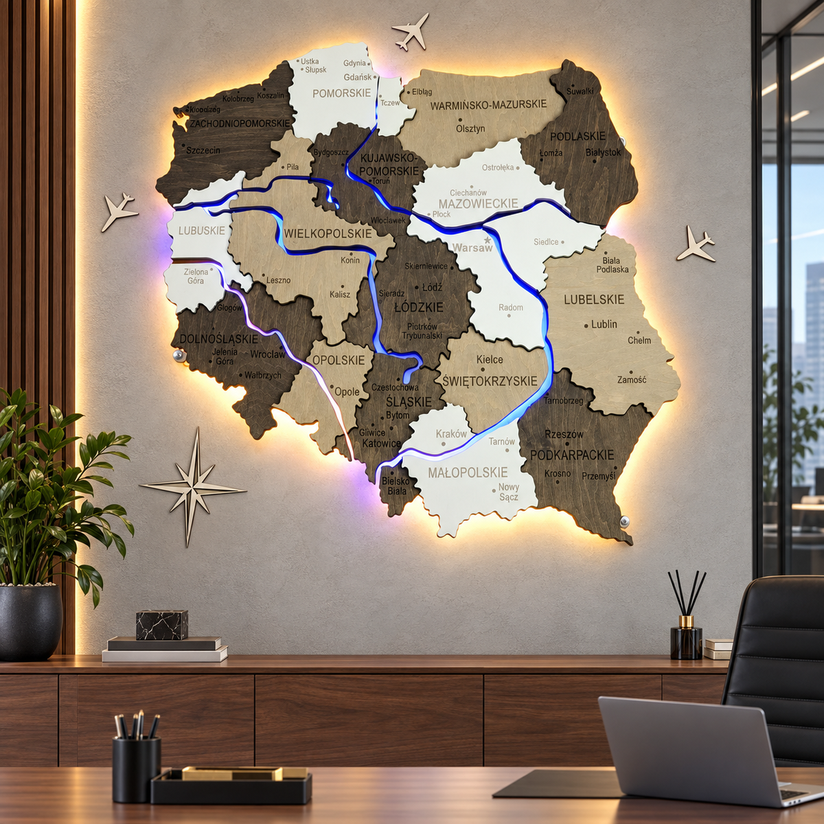 Wooden Multilayer Map of Poland with Illuminated Rivers, color Black&White