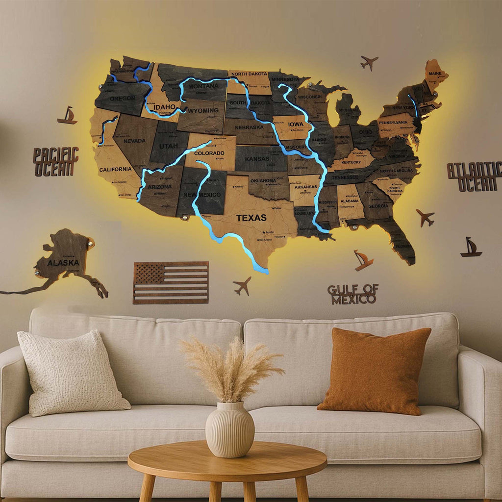 Wooden USA Map With LED – With Rivers, color Brut