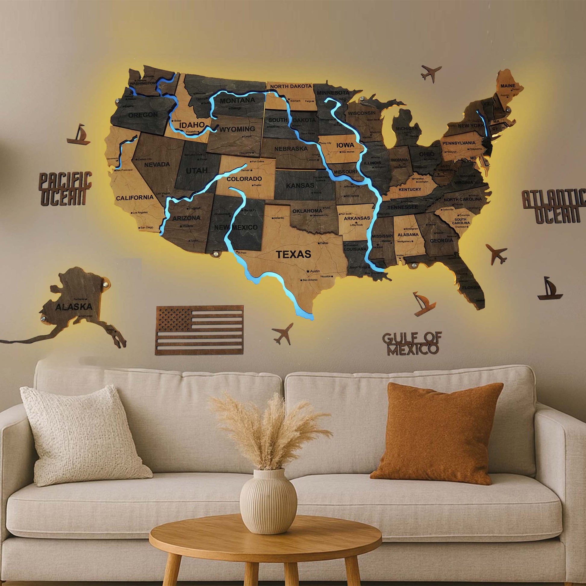 Wooden USA Map With LED – With Rivers, color Brut