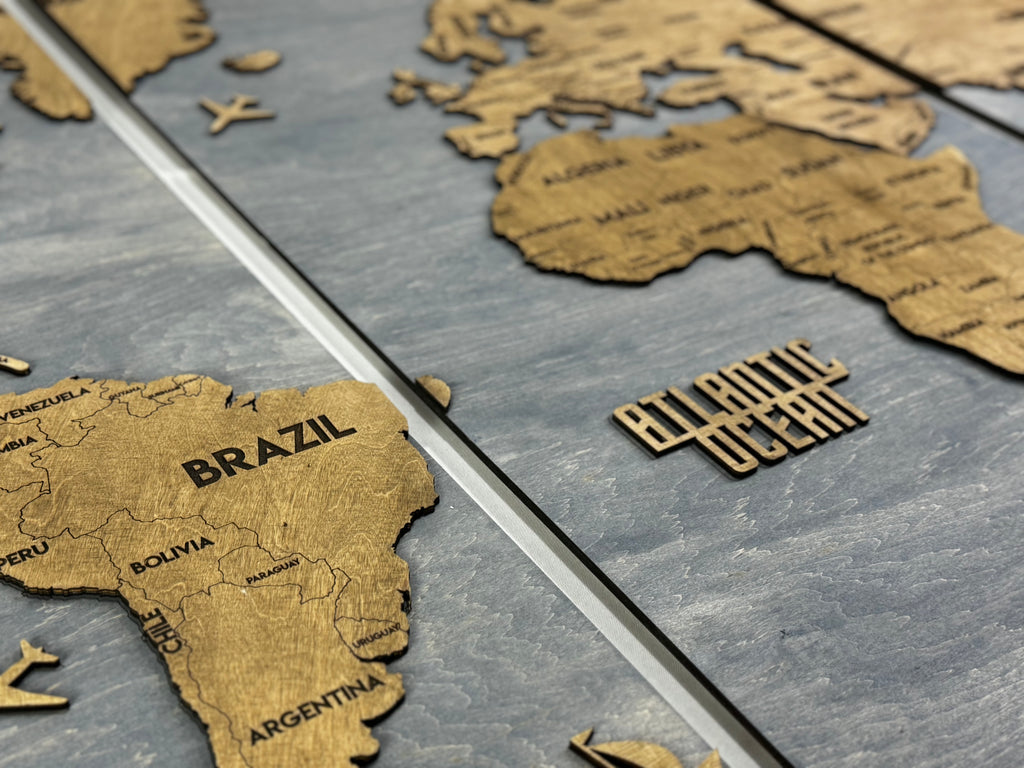 Wooden World Map Panel 2 for Wall with LED Lighting