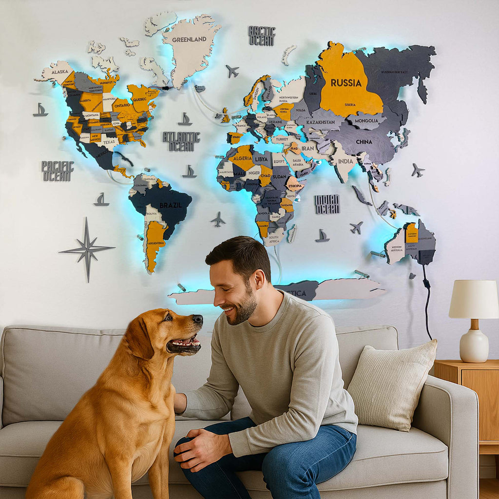 LED 3D Wooden Multilayer world map color Urban