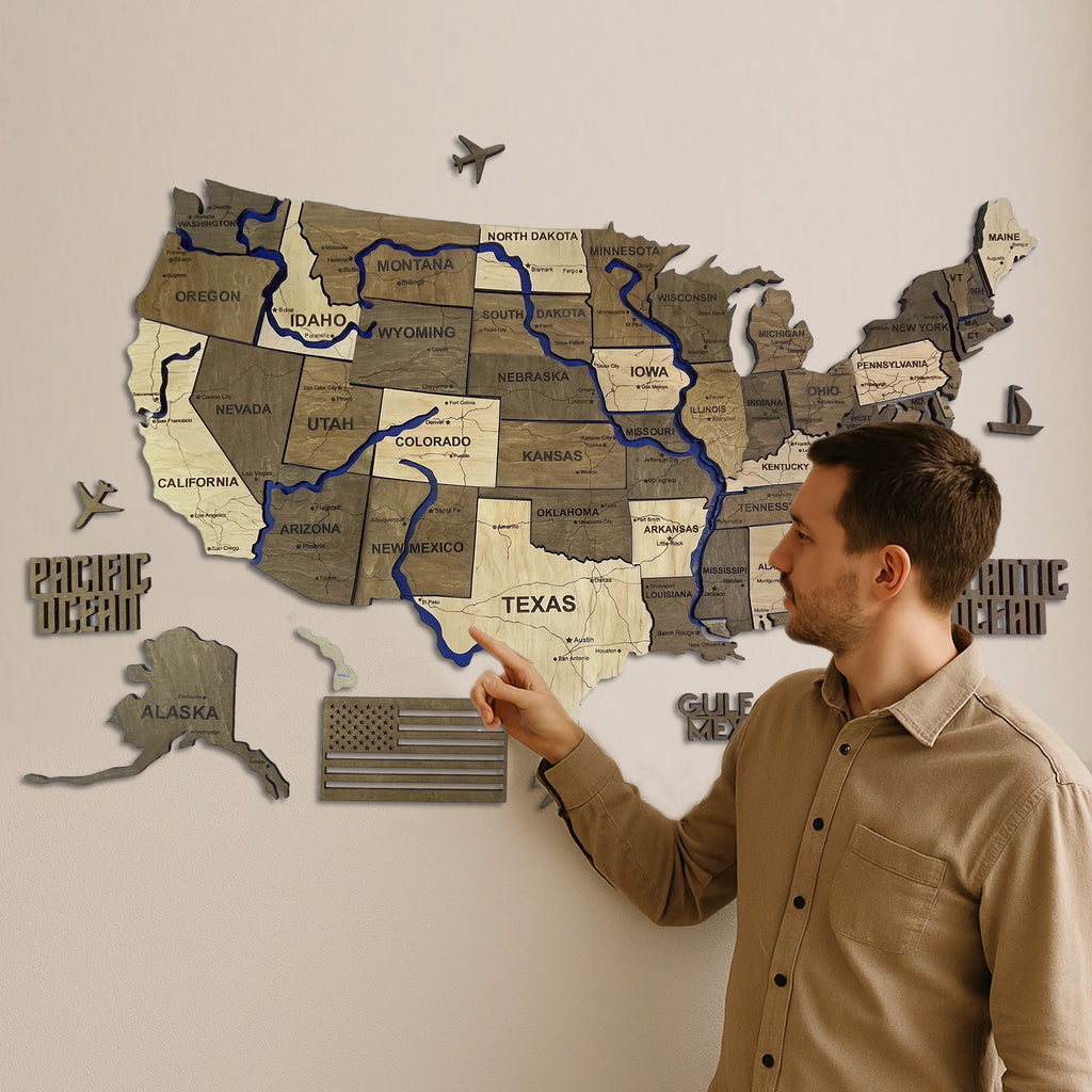 Wooden USA Map  – With Rivers, color Wonder