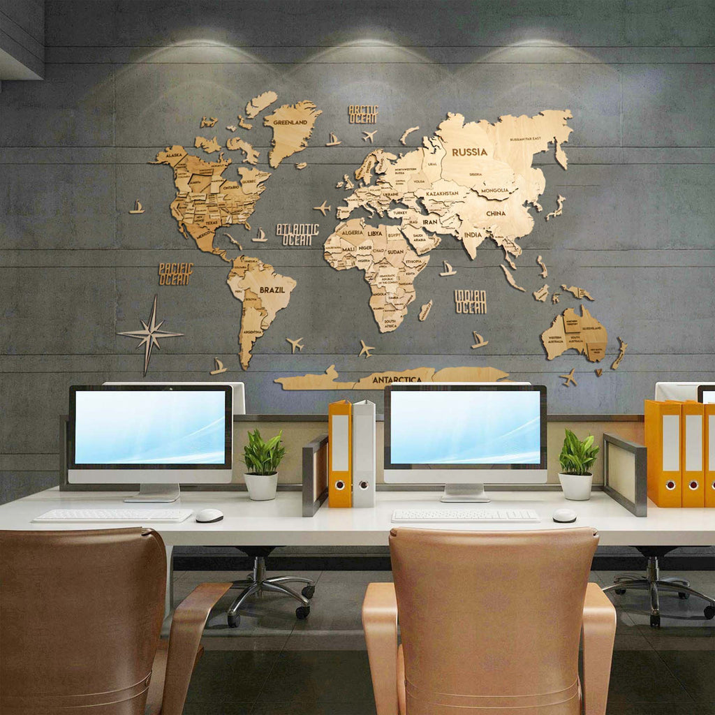 3D Wooden Multilayer world map color Natural