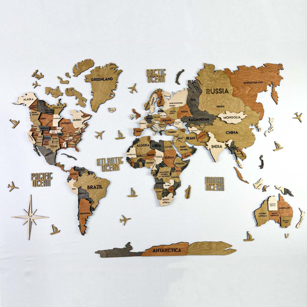 3D Wooden Multilayer world map color Classic