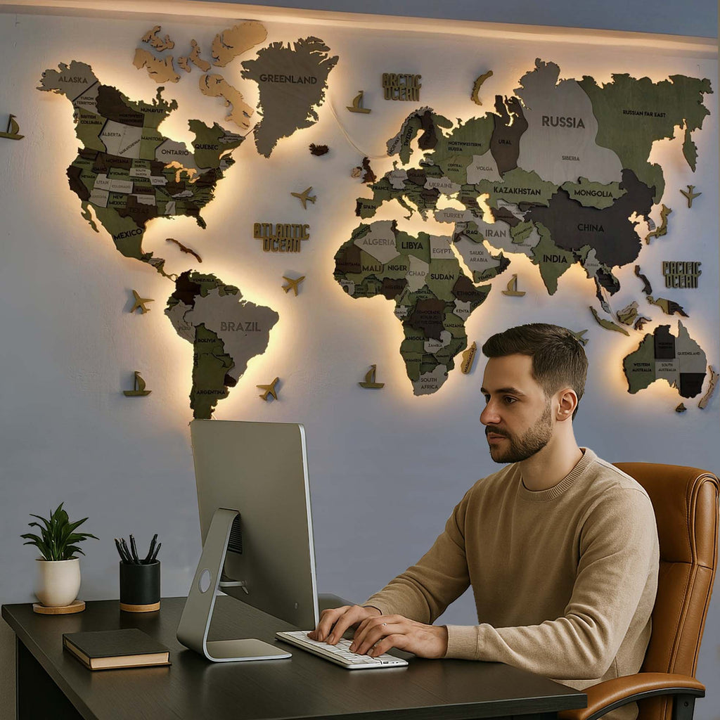 LED 3D Wooden Multilayer world map color Verde