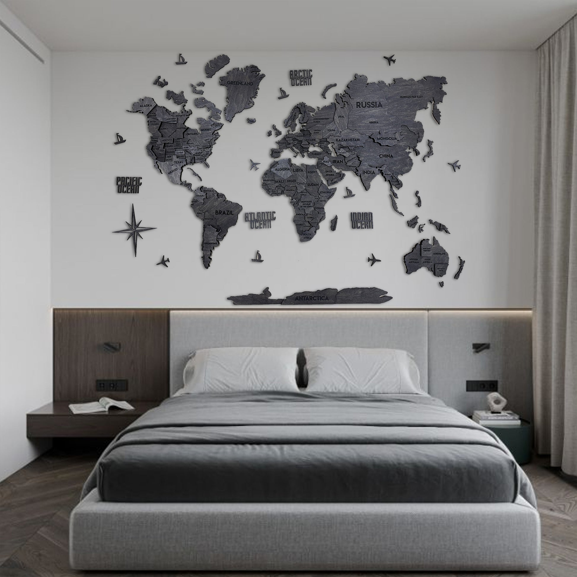 3D Wooden Multilayer world map color Dark