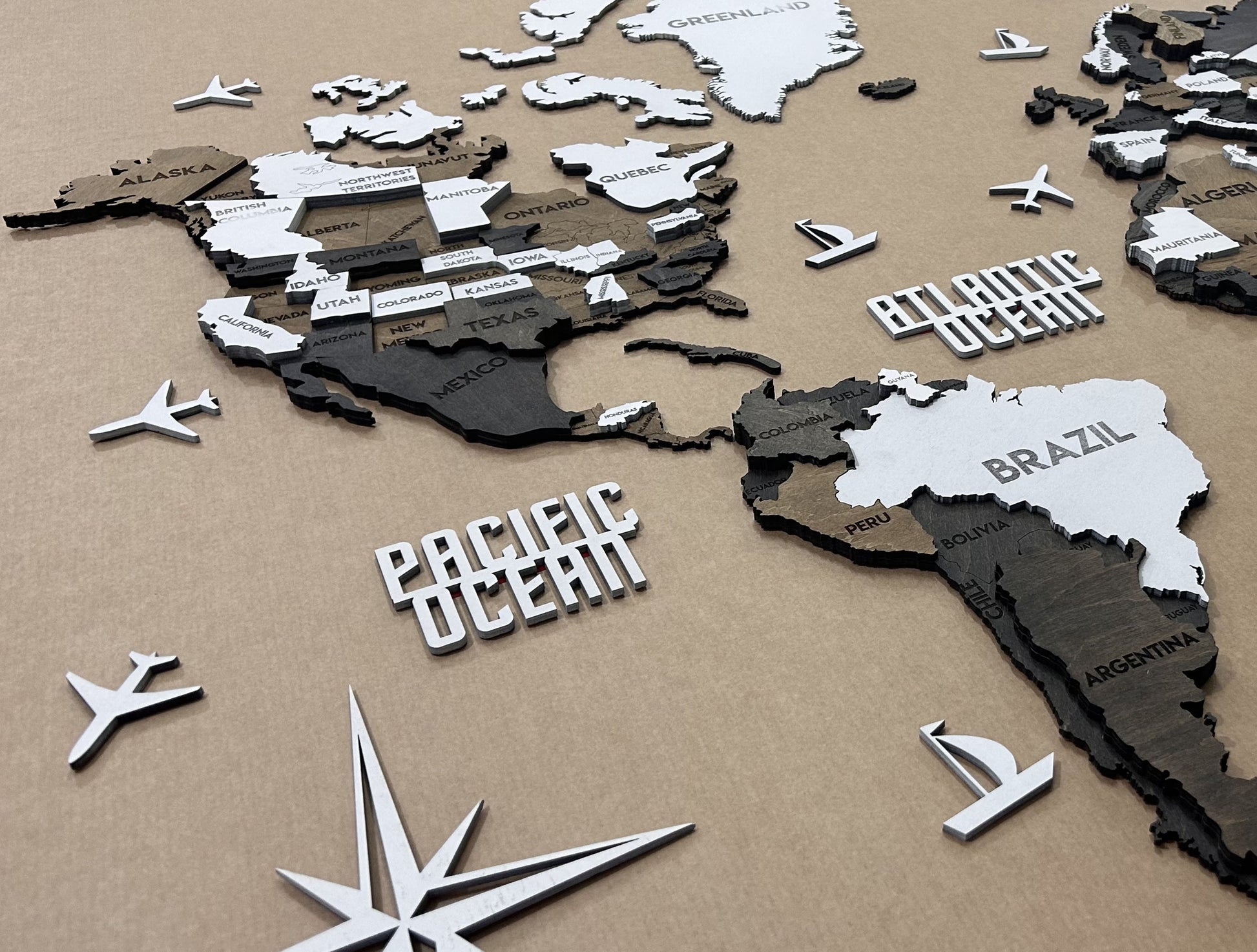 3D Wooden Multilayer world map color Grunge