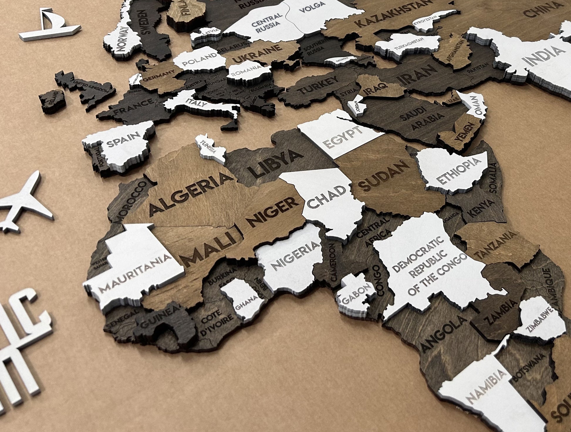 3D Wooden Multilayer world map color Grunge