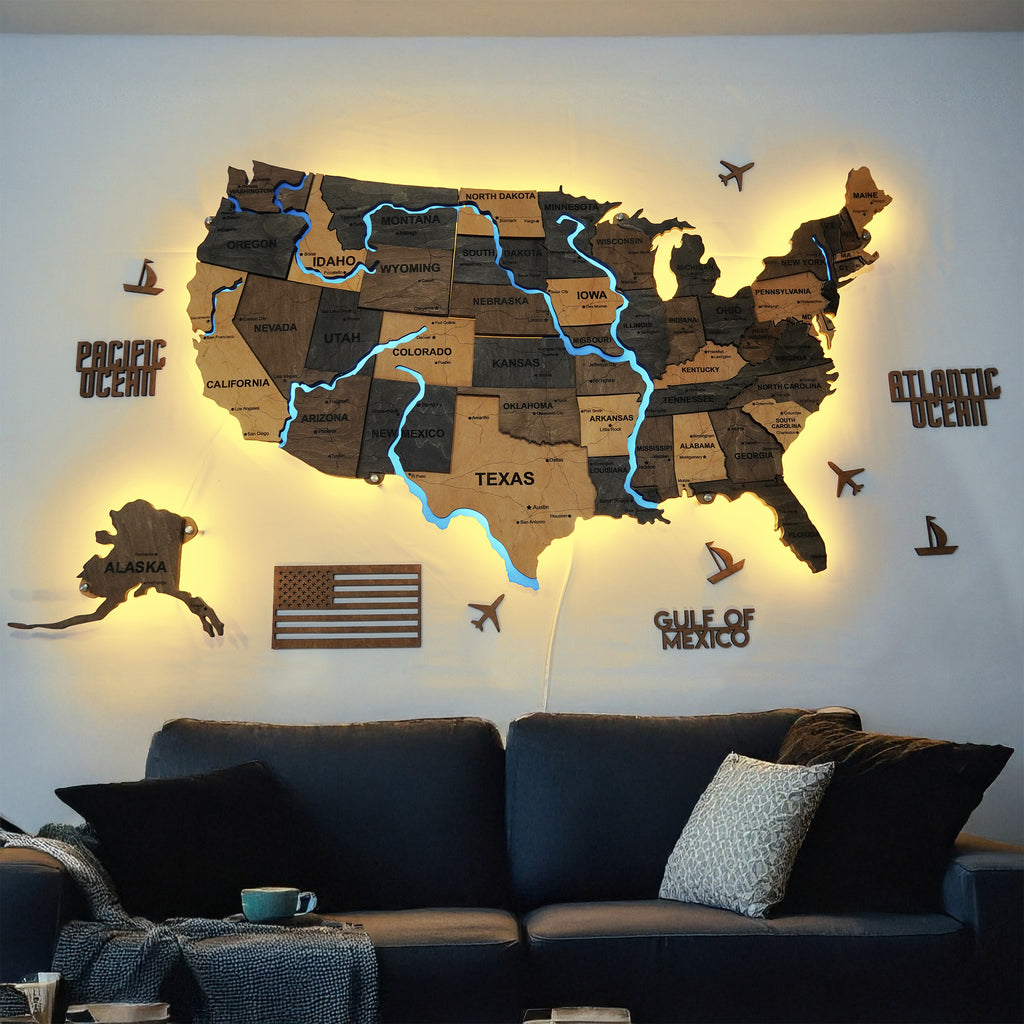 Wooden USA Map With LED – With Rivers, color Brut