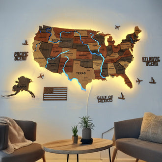 Wooden USA Map With LED – With Rivers, color Warm