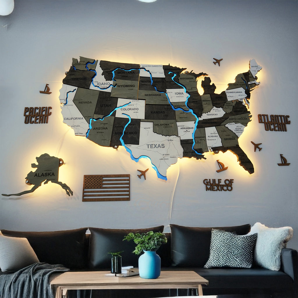 Wooden USA Map With LED – With Rivers, color Black&White