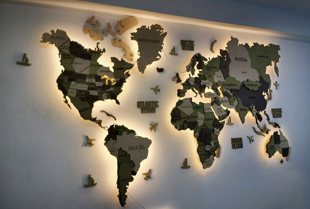 LED 3D Wooden Multilayer world map color Verde