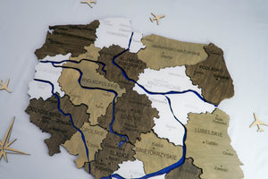 Wooden Multilayer Map of Poland with painted Rivers, color Black&White — buy | FACTURA