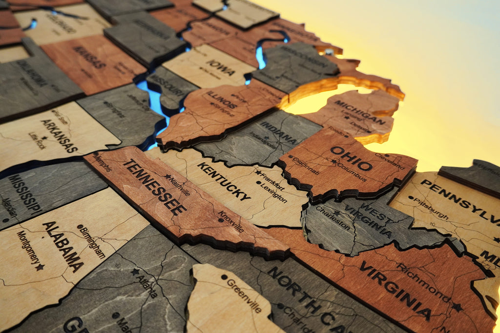 Wooden USA Map With LED – With Rivers, color Warm