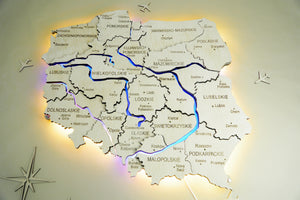 Wooden Multilayer Map of Poland with Illuminated Rivers, color Natural — buy | FACTURA
