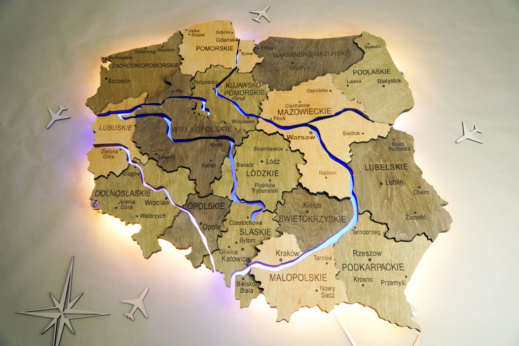 Wooden Multilayer Map of Poland with Illuminated Rivers, color Elis