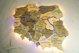 Wooden Multilayer Map of Poland with Illuminated Rivers, color Elis