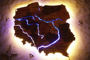 Wooden Multilayer Map of Poland with Illuminated Rivers, color Warm — buy | FACTURA