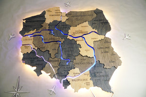 Wooden Multilayer Map of Poland with Illuminated Rivers, color Brute — buy | FACTURA