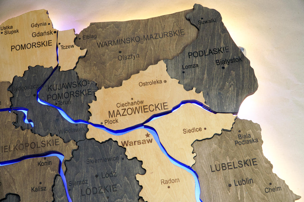 Wooden Multilayer Map of Poland with Illuminated Rivers, color Brute