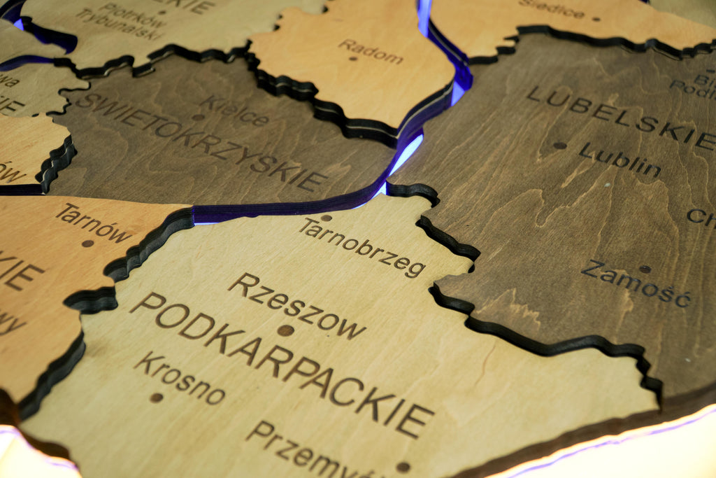Wooden Multilayer Map of Poland with Illuminated Rivers, color Light Tree