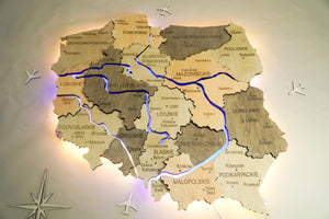 Wooden Multilayer Map of Poland with Illuminated Rivers, color Light Tree — buy | FACTURA