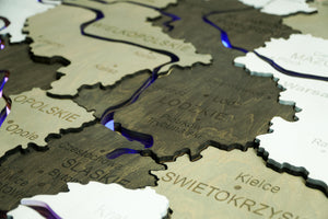 Wooden Multilayer Map of Poland with Illuminated Rivers, color Black&White — buy | FACTURA