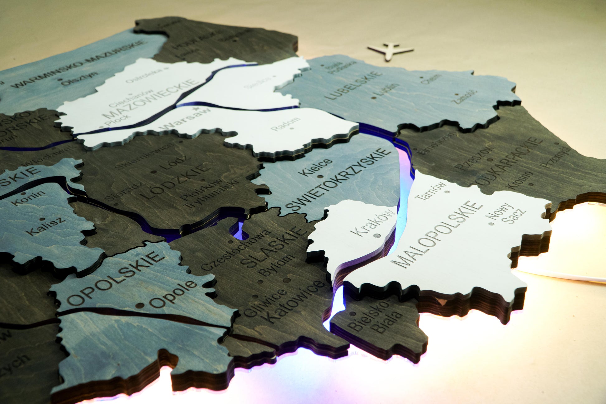 Wooden Multilayer Map of Poland with Illuminated Rivers, color Loft