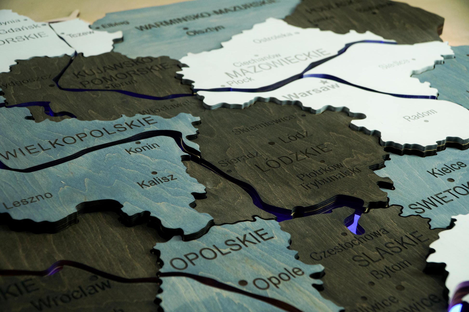 Wooden Multilayer Map of Poland with Illuminated Rivers, color Loft