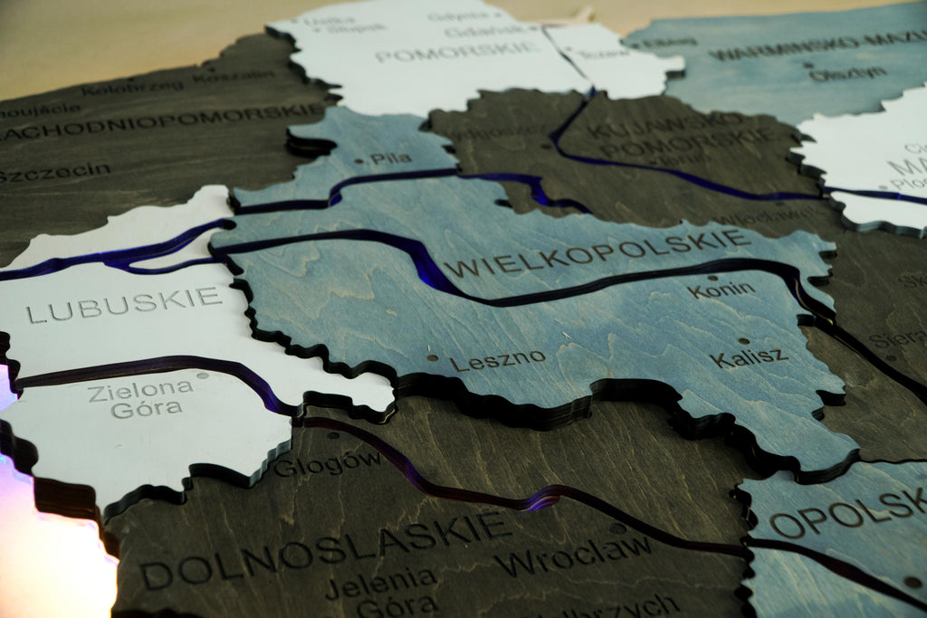 Wooden Multilayer Map of Poland with Illuminated Rivers, color Loft