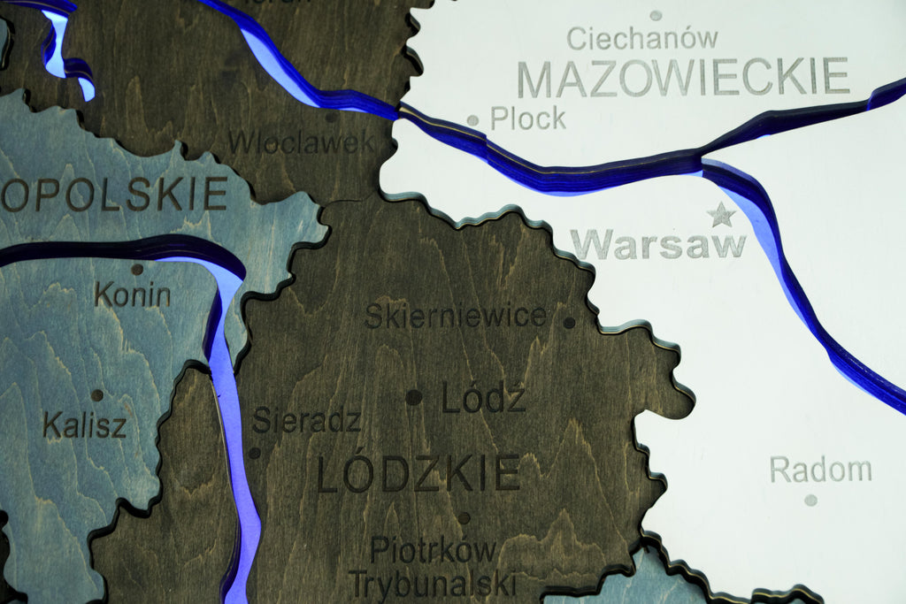 Wooden Multilayer Map of Poland with Illuminated Rivers, color Loft