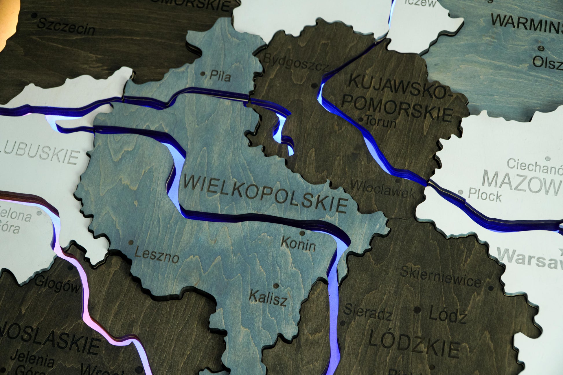 Wooden Multilayer Map of Poland with Illuminated Rivers, color Loft